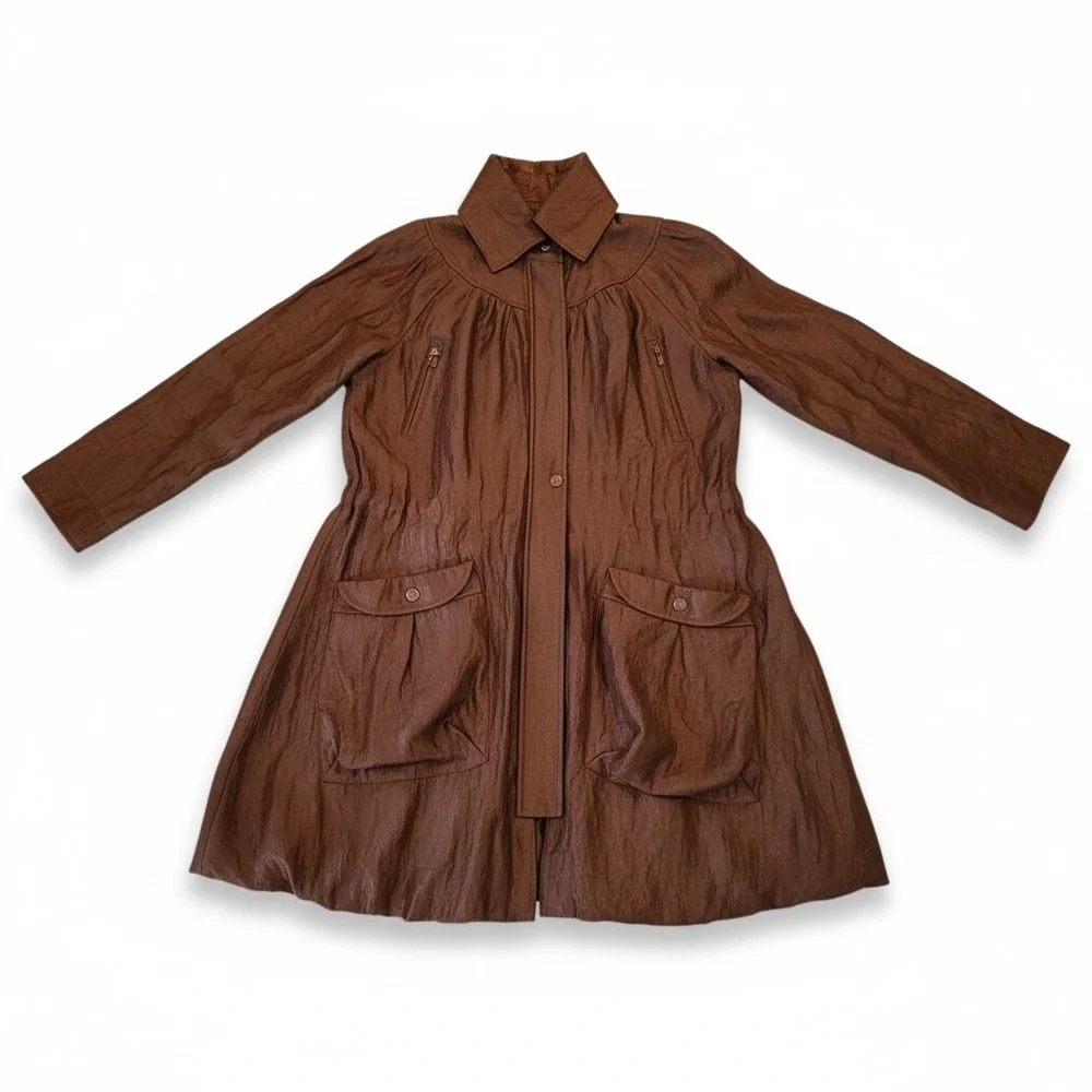 Samuel Dong Brown Shimmer Bubble Hem High Collar Small Dark Brown Outerwear Coat - Picture 5 of 17